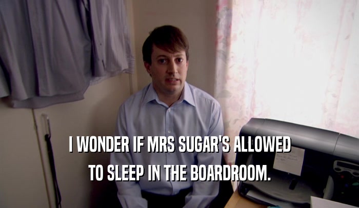 I WONDER IF MRS SUGAR'S ALLOWED
 TO SLEEP IN THE BOARDROOM.
 