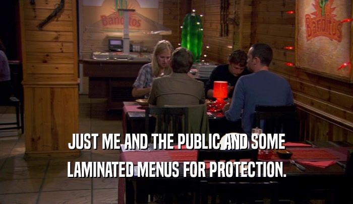 JUST ME AND THE PUBLIC AND SOME LAMINATED MENUS FOR PROTECTION. 