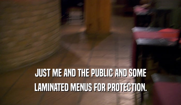 JUST ME AND THE PUBLIC AND SOME LAMINATED MENUS FOR PROTECTION. 