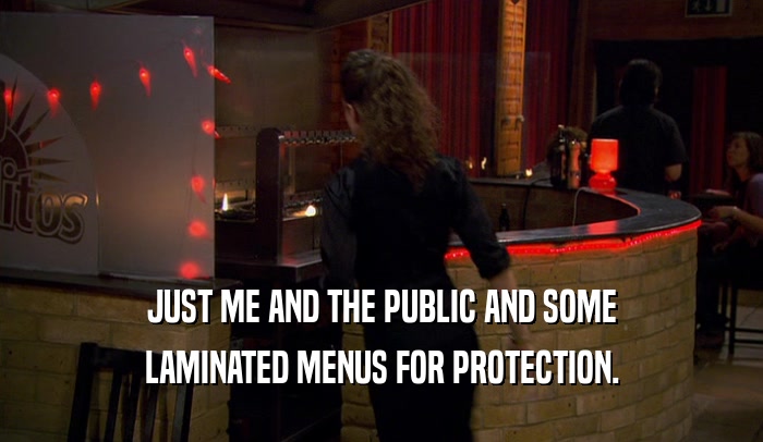 JUST ME AND THE PUBLIC AND SOME LAMINATED MENUS FOR PROTECTION. 