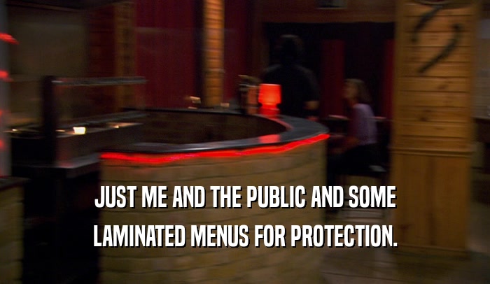 JUST ME AND THE PUBLIC AND SOME LAMINATED MENUS FOR PROTECTION. 