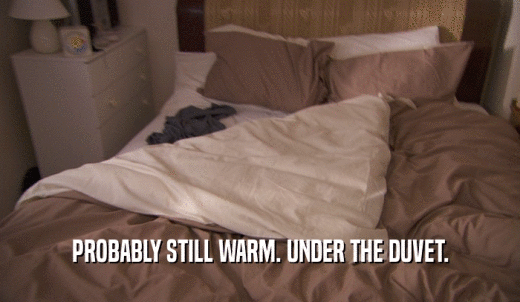 PROBABLY STILL WARM. UNDER THE DUVET.  