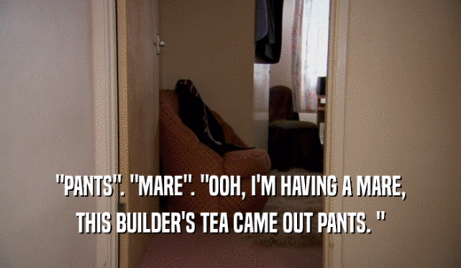'PANTS'. 'MARE'. 'OOH, I'M HAVING A MARE, THIS BUILDER'S TEA CAME OUT PANTS. ' 