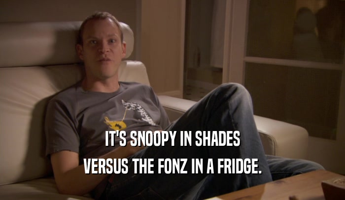 IT'S SNOOPY IN SHADES VERSUS THE FONZ IN A FRIDGE. 