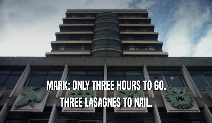 MARK: ONLY THREE HOURS TO GO. THREE LASAGNES TO NAIL. 
