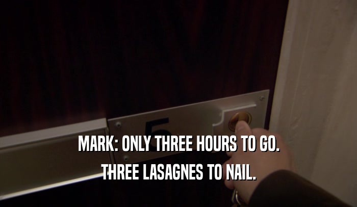 MARK: ONLY THREE HOURS TO GO. THREE LASAGNES TO NAIL. 