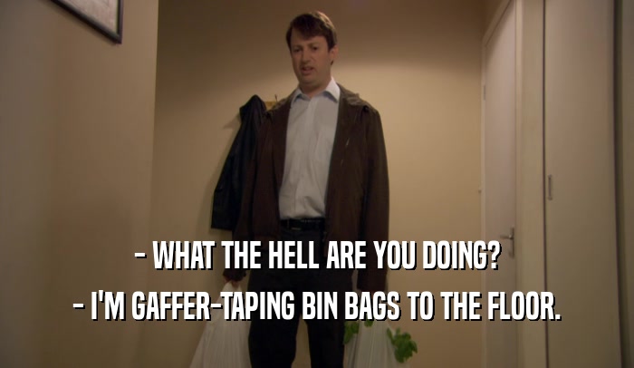 - WHAT THE HELL ARE YOU DOING? - I'M GAFFER-TAPING BIN BAGS TO THE FLOOR. 