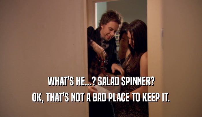 WHAT'S HE...? SALAD SPINNER? OK, THAT'S NOT A BAD PLACE TO KEEP IT. 