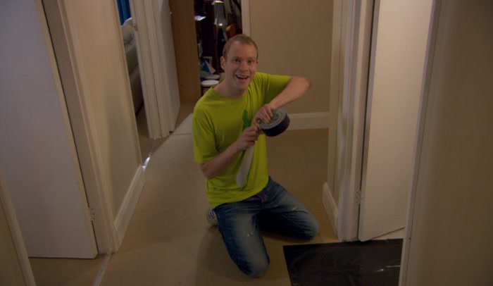 - WHAT THE HELL ARE YOU DOING? - I'M GAFFER-TAPING BIN BAGS TO THE FLOOR. 