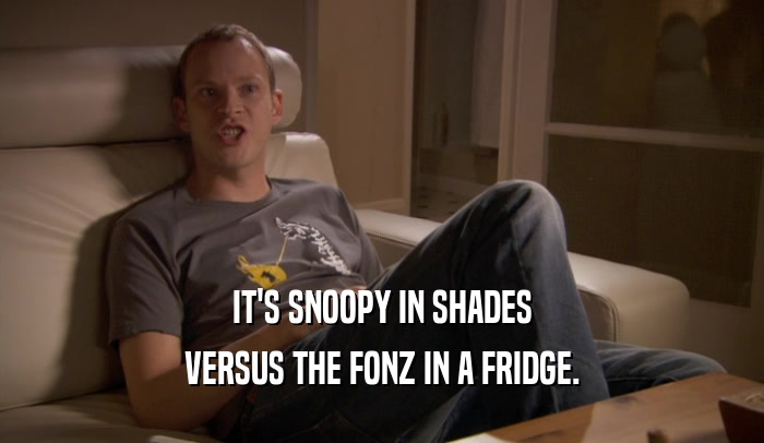 IT'S SNOOPY IN SHADES VERSUS THE FONZ IN A FRIDGE. 