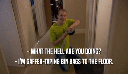 - WHAT THE HELL ARE YOU DOING? - I'M GAFFER-TAPING BIN BAGS TO THE FLOOR. 