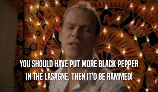 YOU SHOULD HAVE PUT MORE BLACK PEPPER IN THE LASAGNE. THEN IT'D BE RAMMED! 