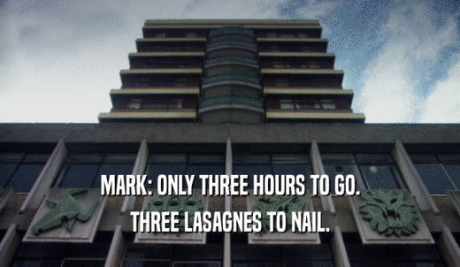 MARK: ONLY THREE HOURS TO GO. THREE LASAGNES TO NAIL. 