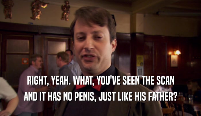 RIGHT, YEAH. WHAT, YOU'VE SEEN THE SCAN AND IT HAS NO PENIS, JUST LIKE HIS FATHER? 
