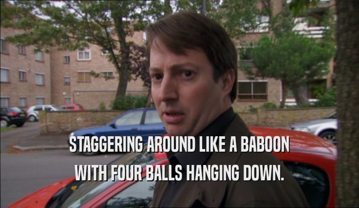 STAGGERING AROUND LIKE A BABOON WITH FOUR BALLS HANGING DOWN. 