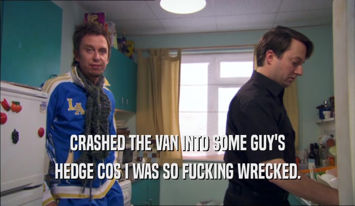 CRASHED THE VAN INTO SOME GUY'S HEDGE COS I WAS SO FUCKING WRECKED. 