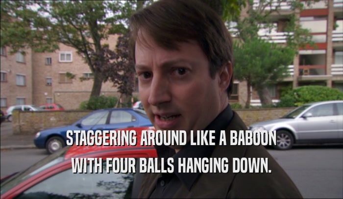STAGGERING AROUND LIKE A BABOON WITH FOUR BALLS HANGING DOWN. 