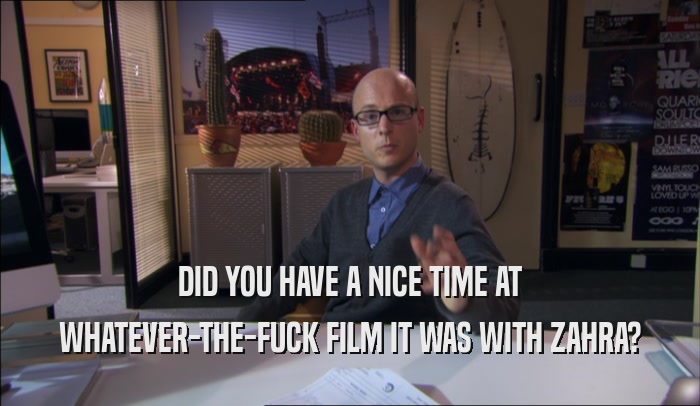 DID YOU HAVE A NICE TIME AT WHATEVER-THE-FUCK FILM IT WAS WITH ZAHRA? 
