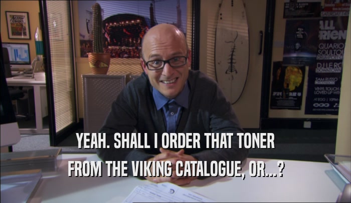 YEAH. SHALL I ORDER THAT TONER FROM THE VIKING CATALOGUE, OR...? 