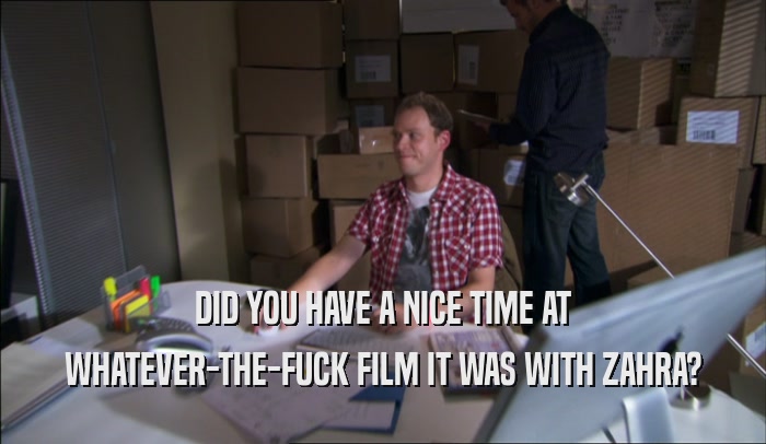 DID YOU HAVE A NICE TIME AT WHATEVER-THE-FUCK FILM IT WAS WITH ZAHRA? 