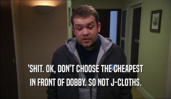 'SHIT. OK, DON'T CHOOSE THE CHEAPEST IN FRONT OF DOBBY. SO NOT J-CLOTHS. 