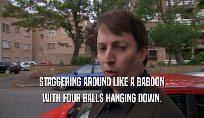 STAGGERING AROUND LIKE A BABOON WITH FOUR BALLS HANGING DOWN. 
