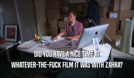 DID YOU HAVE A NICE TIME AT WHATEVER-THE-FUCK FILM IT WAS WITH ZAHRA? 