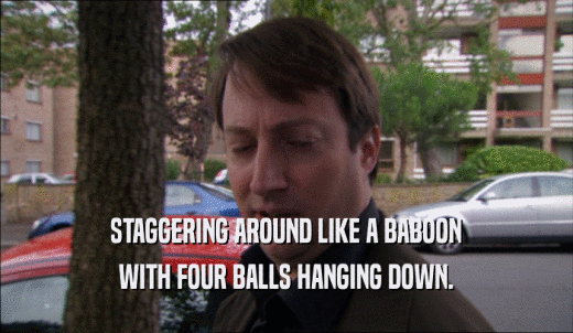 STAGGERING AROUND LIKE A BABOON WITH FOUR BALLS HANGING DOWN. 
