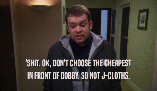 'SHIT. OK, DON'T CHOOSE THE CHEAPEST IN FRONT OF DOBBY. SO NOT J-CLOTHS. 