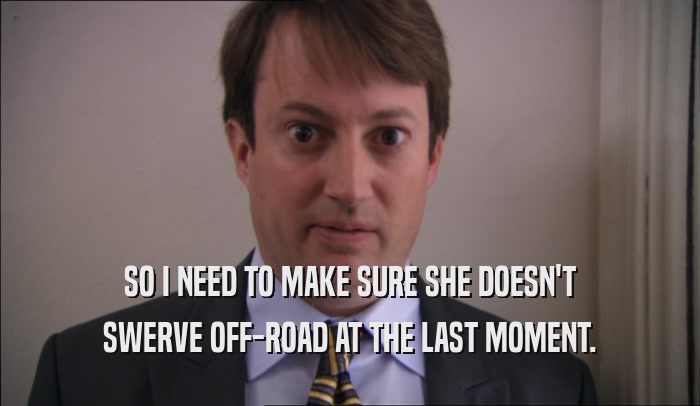 SO I NEED TO MAKE SURE SHE DOESN'T SWERVE OFF-ROAD AT THE LAST MOMENT. 