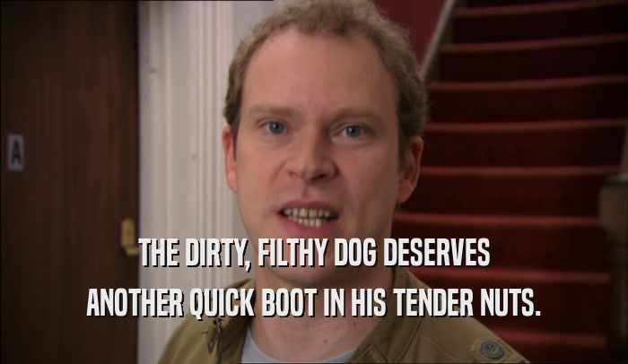 THE DIRTY, FILTHY DOG DESERVES ANOTHER QUICK BOOT IN HIS TENDER NUTS. 