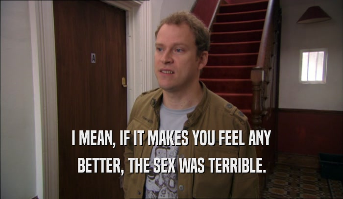 I MEAN, IF IT MAKES YOU FEEL ANY BETTER, THE SEX WAS TERRIBLE. 