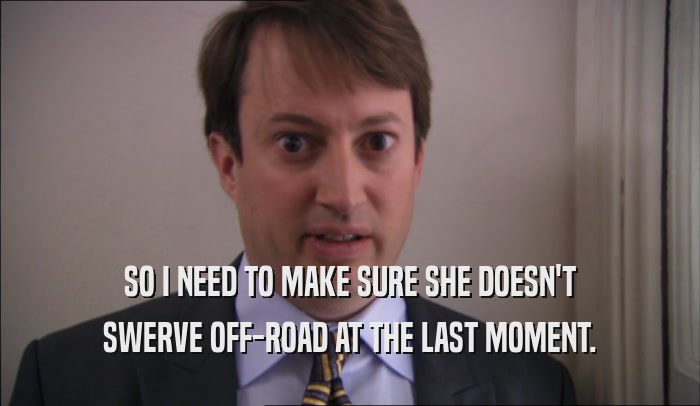 SO I NEED TO MAKE SURE SHE DOESN'T SWERVE OFF-ROAD AT THE LAST MOMENT. 