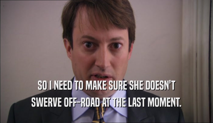 SO I NEED TO MAKE SURE SHE DOESN'T SWERVE OFF-ROAD AT THE LAST MOMENT. 