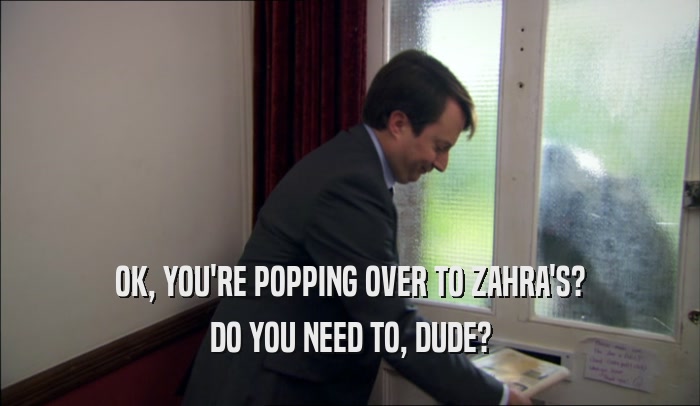 OK, YOU'RE POPPING OVER TO ZAHRA'S? DO YOU NEED TO, DUDE? 