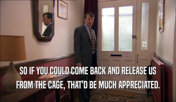 SO IF YOU COULD COME BACK AND RELEASE US FROM THE CAGE, THAT'D BE MUCH APPRECIATED. 
