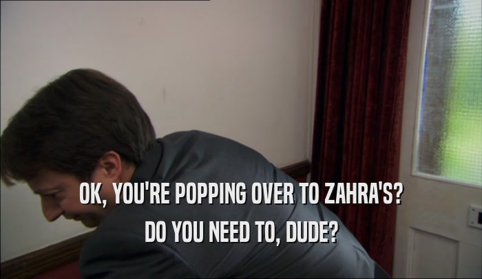 OK, YOU'RE POPPING OVER TO ZAHRA'S? DO YOU NEED TO, DUDE? 