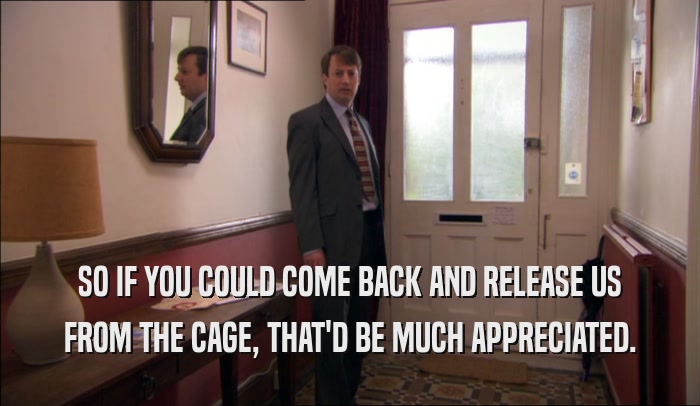 SO IF YOU COULD COME BACK AND RELEASE US FROM THE CAGE, THAT'D BE MUCH APPRECIATED. 
