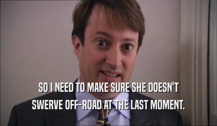 SO I NEED TO MAKE SURE SHE DOESN'T SWERVE OFF-ROAD AT THE LAST MOMENT. 