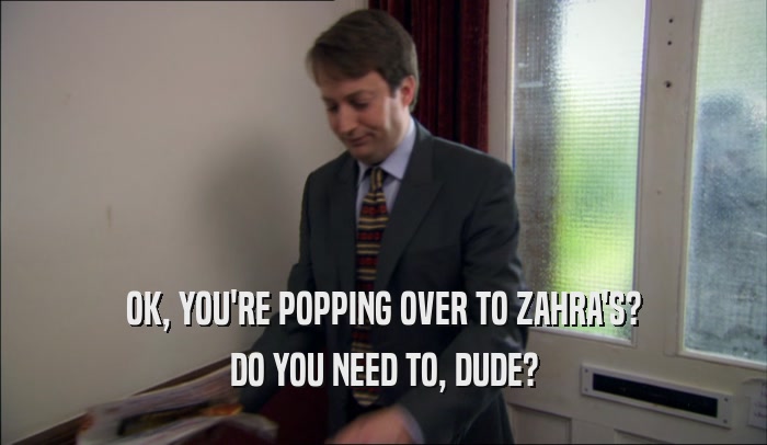 OK, YOU'RE POPPING OVER TO ZAHRA'S? DO YOU NEED TO, DUDE? 
