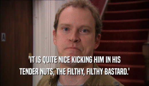 'IT IS QUITE NICE KICKING HIM IN HIS TENDER NUTS, THE FILTHY, FILTHY BASTARD.' 