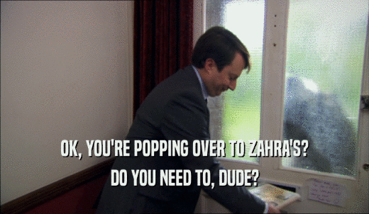 OK, YOU'RE POPPING OVER TO ZAHRA'S? DO YOU NEED TO, DUDE? 