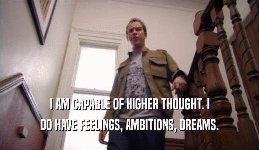 I AM CAPABLE OF HIGHER THOUGHT. I DO HAVE FEELINGS, AMBITIONS, DREAMS. 