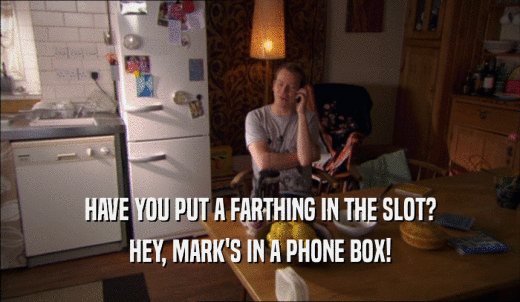 HAVE YOU PUT A FARTHING IN THE SLOT? HEY, MARK'S IN A PHONE BOX! 