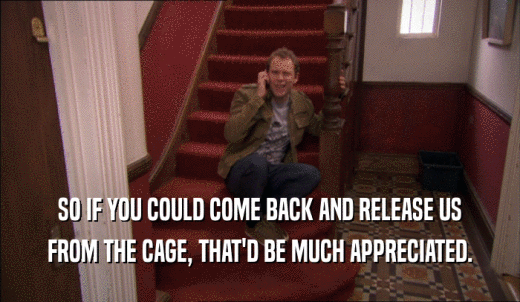 SO IF YOU COULD COME BACK AND RELEASE US FROM THE CAGE, THAT'D BE MUCH APPRECIATED. 