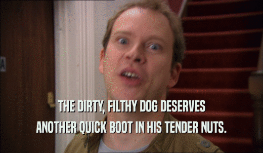 THE DIRTY, FILTHY DOG DESERVES ANOTHER QUICK BOOT IN HIS TENDER NUTS. 