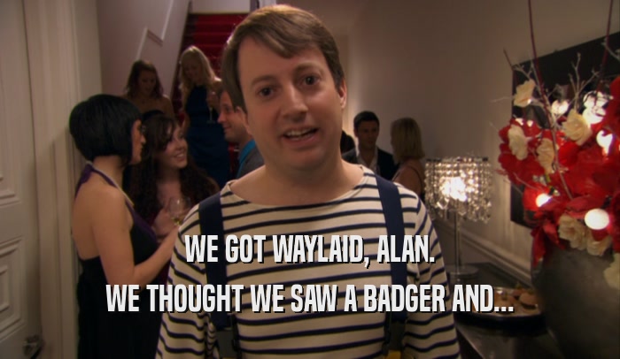WE GOT WAYLAID, ALAN. WE THOUGHT WE SAW A BADGER AND... 