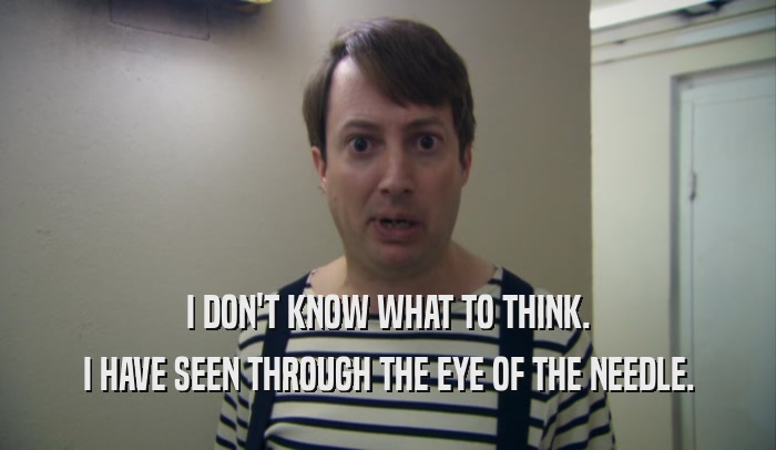 I DON'T KNOW WHAT TO THINK. I HAVE SEEN THROUGH THE EYE OF THE NEEDLE. 