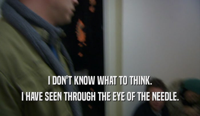 I DON'T KNOW WHAT TO THINK. I HAVE SEEN THROUGH THE EYE OF THE NEEDLE. 