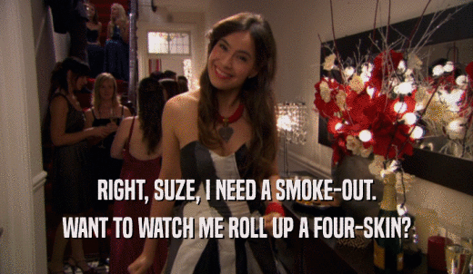 RIGHT, SUZE, I NEED A SMOKE-OUT. WANT TO WATCH ME ROLL UP A FOUR-SKIN? 